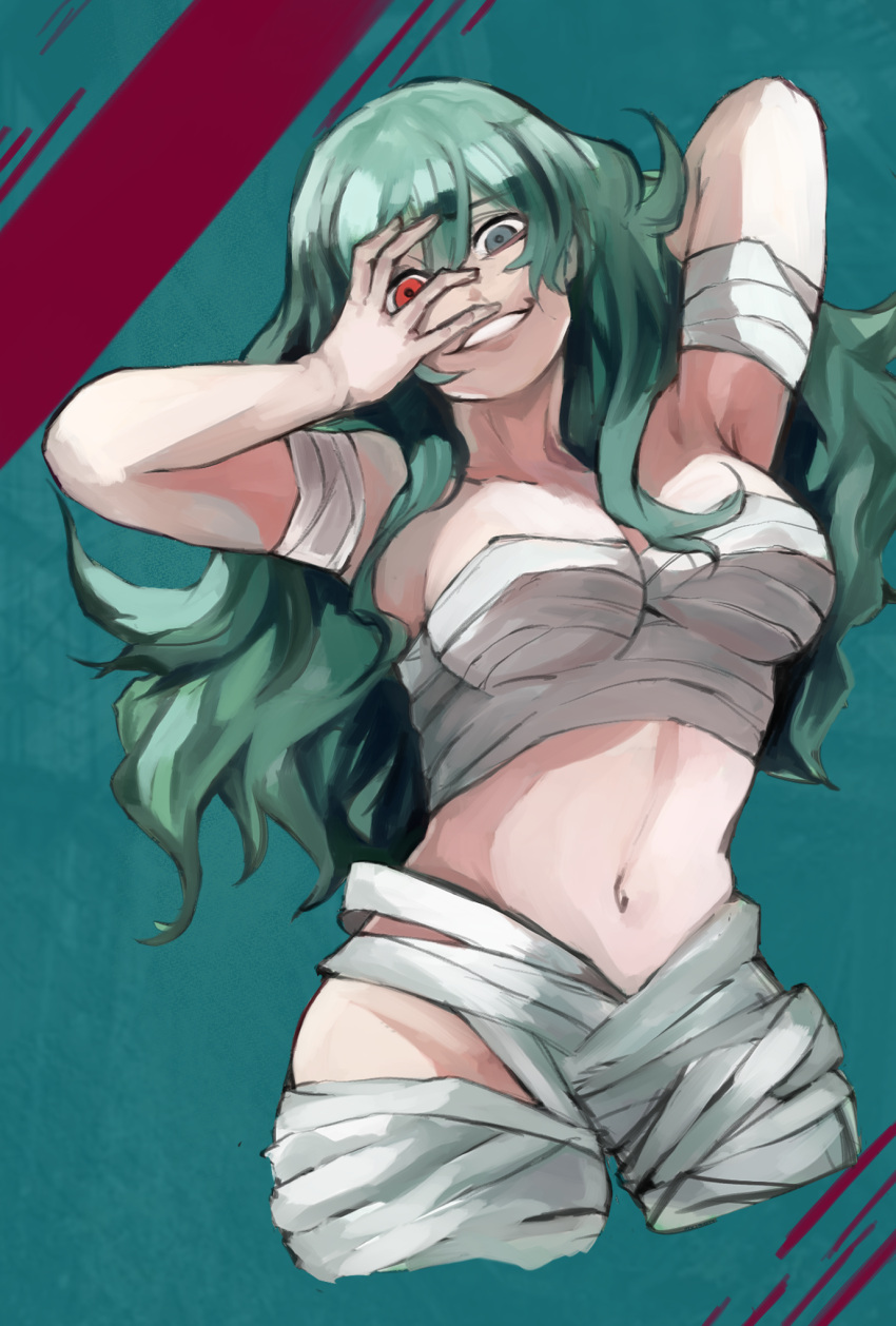 1girl alternate_breast_size arm_up armpit_peek bandaged_arm bandaged_leg bandages bangs breasts collarbone cropped_legs eto_(tokyo_ghoul) green_background green_eyes grin gumi_(the_eye_of_darkness) hand_on_own_face highres large_breasts long_hair naked_bandage navel red_background red_eyes sarashi shiny shiny_hair smile solo tokyo_ghoul