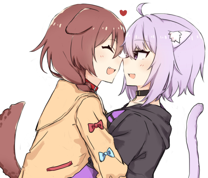 2girls ahoge animal_ears black_collar black_hoodie blue_bow bow braid brown_hair cat_ears cat_girl cat_tail collar dog_ears dog_girl dog_tail facing_another heart highres hiiragi_mori_kanna hololive hood hood_down hoodie inugami_korone jacket looking_at_another multiple_girls nekomata_okayu noses_touching profile red_bow red_collar simple_background single_braid tail upper_body virtual_youtuber white_background yellow_jacket yuri