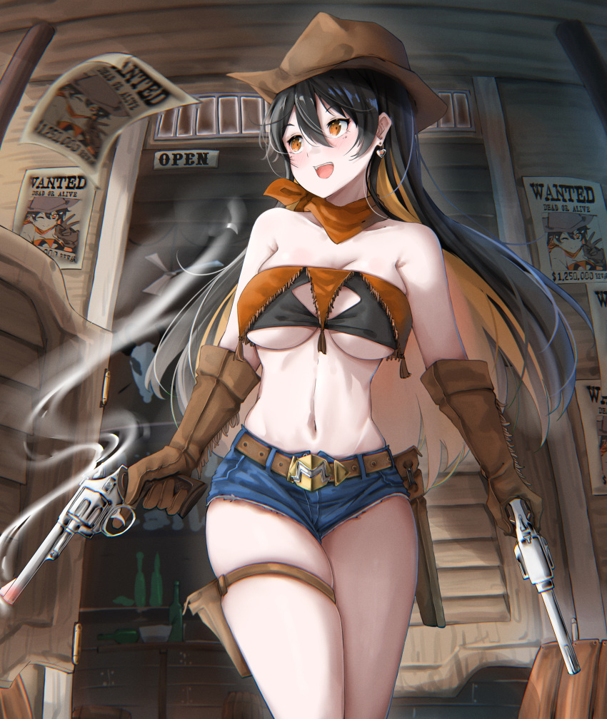 1girl absurdres belt belt_buckle black_hair blue_shorts borrowed_character bottle breasts brown_gloves brown_headwear buckle building cleavage_cutout clothing_cutout commission cowboy_hat cowboy_shot cryptocurrency door earrings english_text gie_(gienara) gloves gun hair_between_eyes hat heart highres holding holding_weapon holster jewelry leather leather_gloves long_hair monero-chan multicolored_hair multiple_sources navel open_mouth orange_eyes orange_hair orange_scarf original revolver scarf second-party_source short_shorts shorts smile smoke smoking_gun solo strapless teeth thigh_strap tube_top two-tone_hair under_boob wanted weapon western wood wooden_door