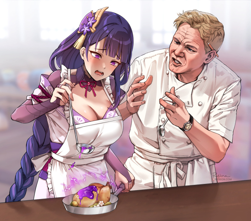 1boy 1girl @_@ apron bangs blonde_hair blunt_bangs blurry blurry_background braid braided_ponytail breasts bridal_gauntlets chef_uniform commentary electricity english_commentary eyebrows_visible_through_hair food foxyreine frilled_apron frills frying_pan genshin_impact gordon_ramsay hair_ornament hand_up hands_up hell's_kitchen highres holding indoors ladle large_breasts long_hair mole mole_under_eye neck_ribbon obi open_mouth parted_lips purple_hair raiden_shogun raised_eyebrows real_life ribbon sash short_hair spoon tearing_up violet_eyes watch watch white_apron window wrinkled_skin