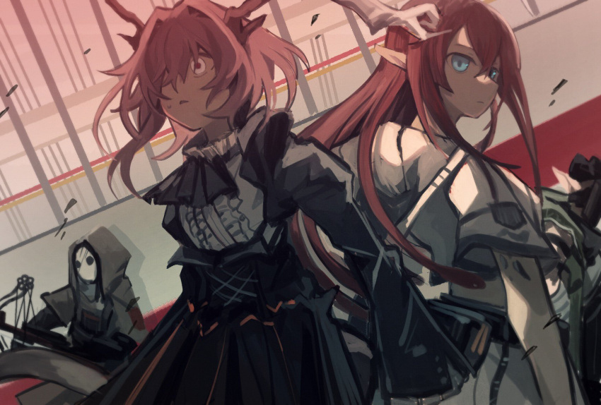 arknights ascot bangs blue_eyes closed_mouth dragon_horns grey_hair highres hood hood_up horns long_hair mask nine_(arknights) parted_lips pointy_ears redhead reunion_soldier_(arknights) south_ac sweatdrop talulah_(arknights) yellow_eyes