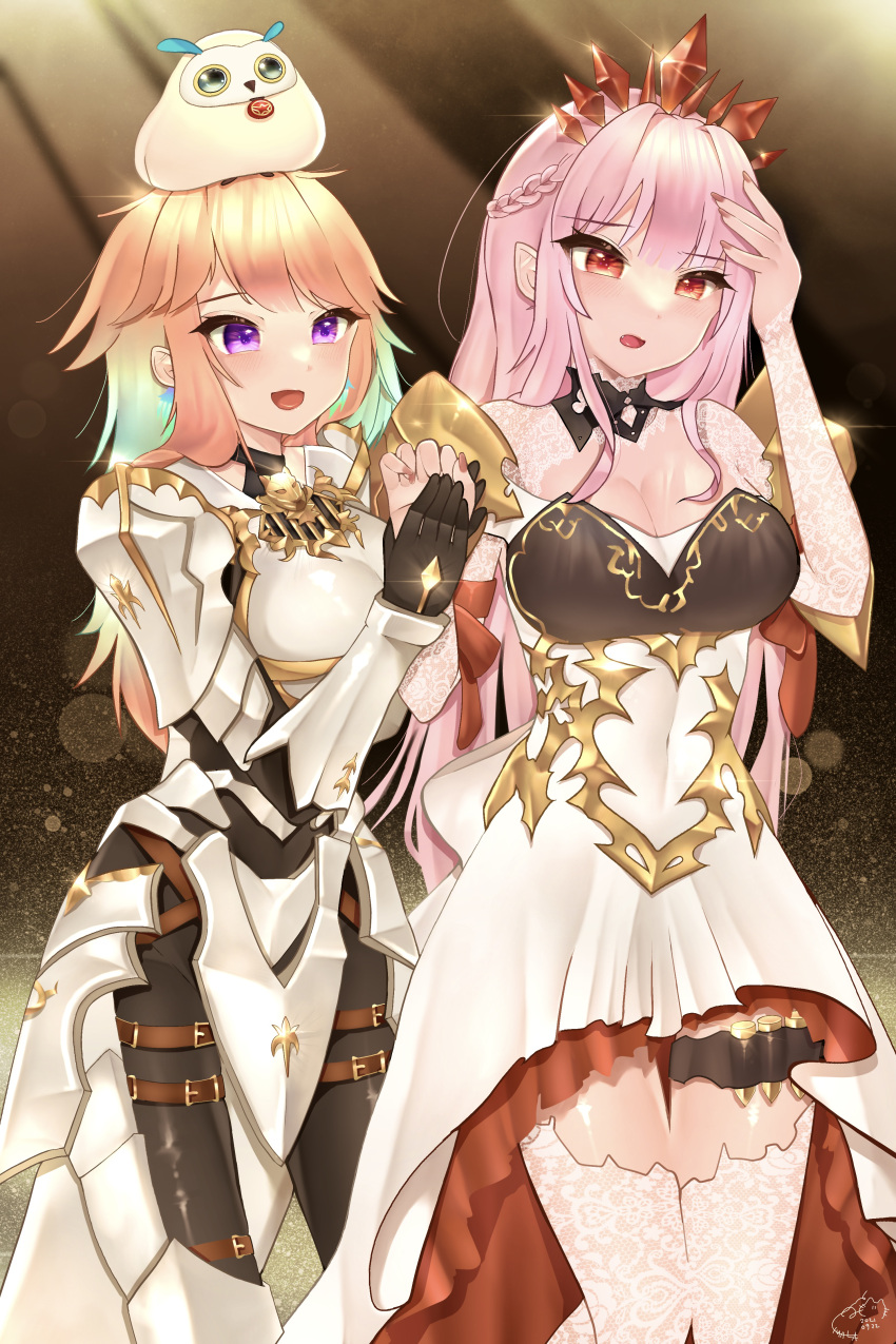 2girls absurdres armor bird cosplay couple earrings feather_earrings feathers gradient_hair highres holding_hands hololive hololive_english jewelry kisara_(tales) lace_sleeves long_hair maka_aratame mori_calliope multicolored_hair multiple_girls orange_hair owl pink_hair plate_armor shionne_(tales) takanashi_kiara tales_of_(series) tales_of_arise virtual_youtuber yuri