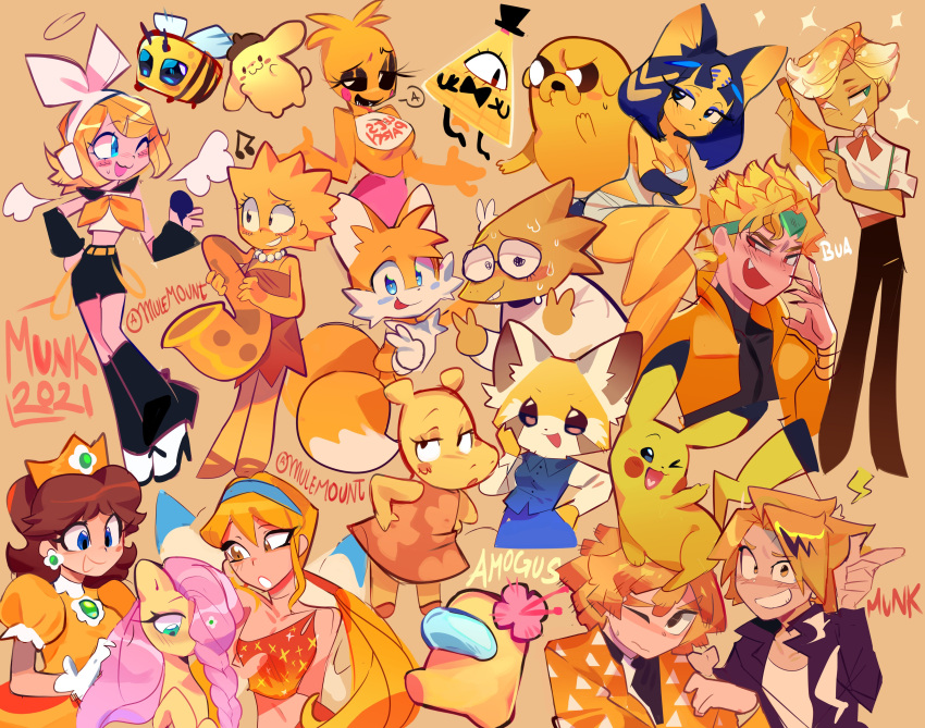 6+boys 6+girls absurdres adventure_time agatsuma_zenitsu aggressive_retsuko alphys among_us animal_crossing ankha_(animal_crossing) bee bill_cipher blonde_hair boku_no_hero_academia bug character_request chica color_connection colored_skin crewmate_(among_us) crop_top crossover crown dio_brando double_v dress five_nights_at_freddy's fluttershy gravity_falls highres jake_the_dog jojo_no_kimyou_na_bouken kagamine_rin kaminari_denki kimetsu_no_yaiba labcoat lisa_simpson looking_at_viewer minecraft monster_girl mulemount multiple_boys multiple_crossover multiple_girls multiple_tails my_little_pony my_little_pony_friendship_is_magic pikachu pokemon pokemon_(creature) princess_daisy retsuko smile sonic_(series) stardust_crusaders stella_(winx_club) super_mario_bros. tail tails_(sonic) the_simpsons triangle_print undertale v vocaloid winx_club yellow_(among_us) yellow_background yellow_skin