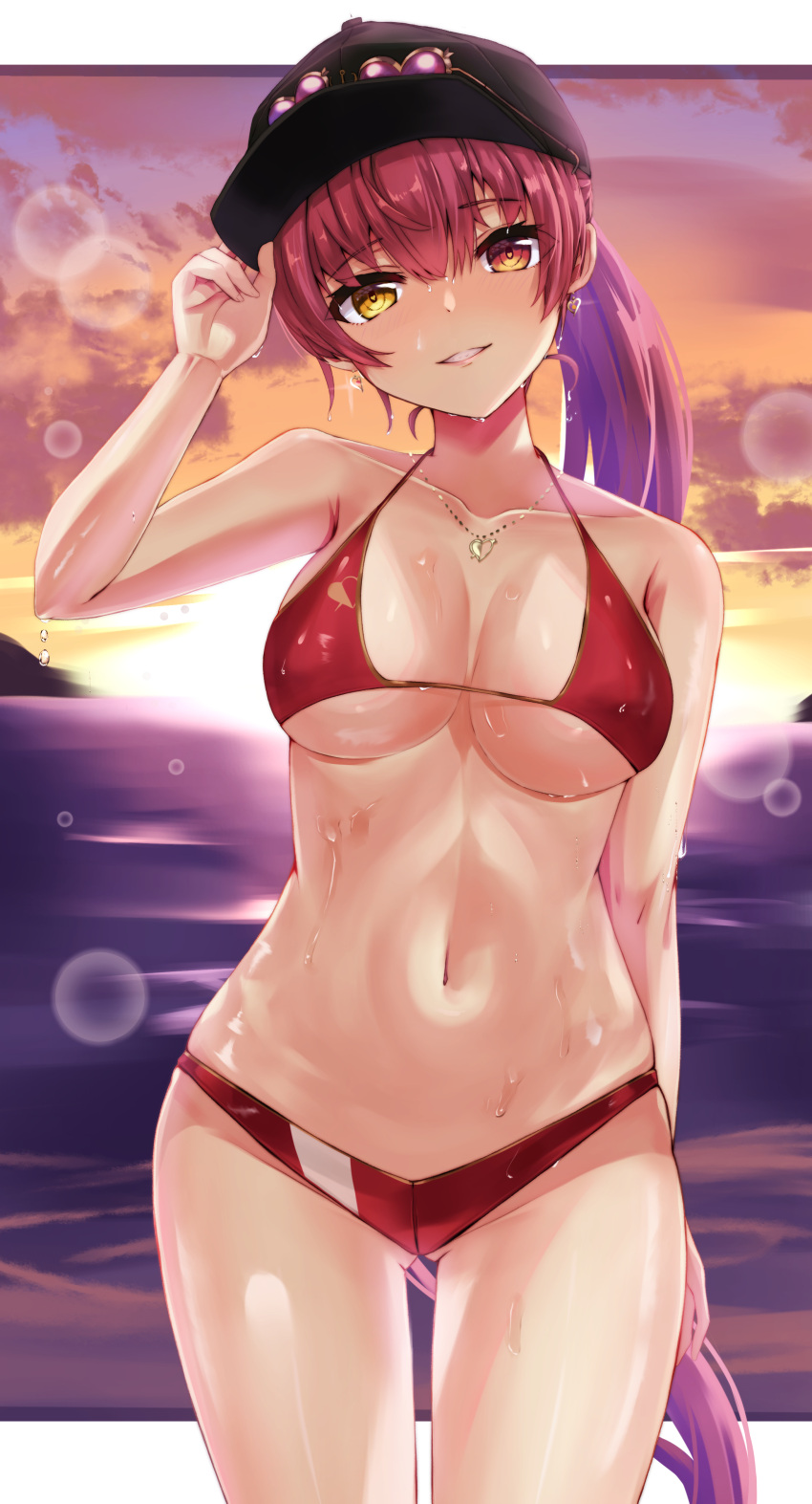 1girl absurdres adjusting_clothes adjusting_headwear ass_visible_through_thighs baseball_cap bikini black_headwear blush breasts curvy earrings halter_top halterneck hat heart heart-shaped_eyewear heart_earrings heart_necklace heterochromia highres hololive houshou_marine jewelry large_breasts li_zhu long_hair looking_at_viewer navel parted_lips ponytail red_bikini red_eyes redhead smile solo stomach string_bikini sunglasses swimsuit very_long_hair virtual_youtuber yellow_eyes