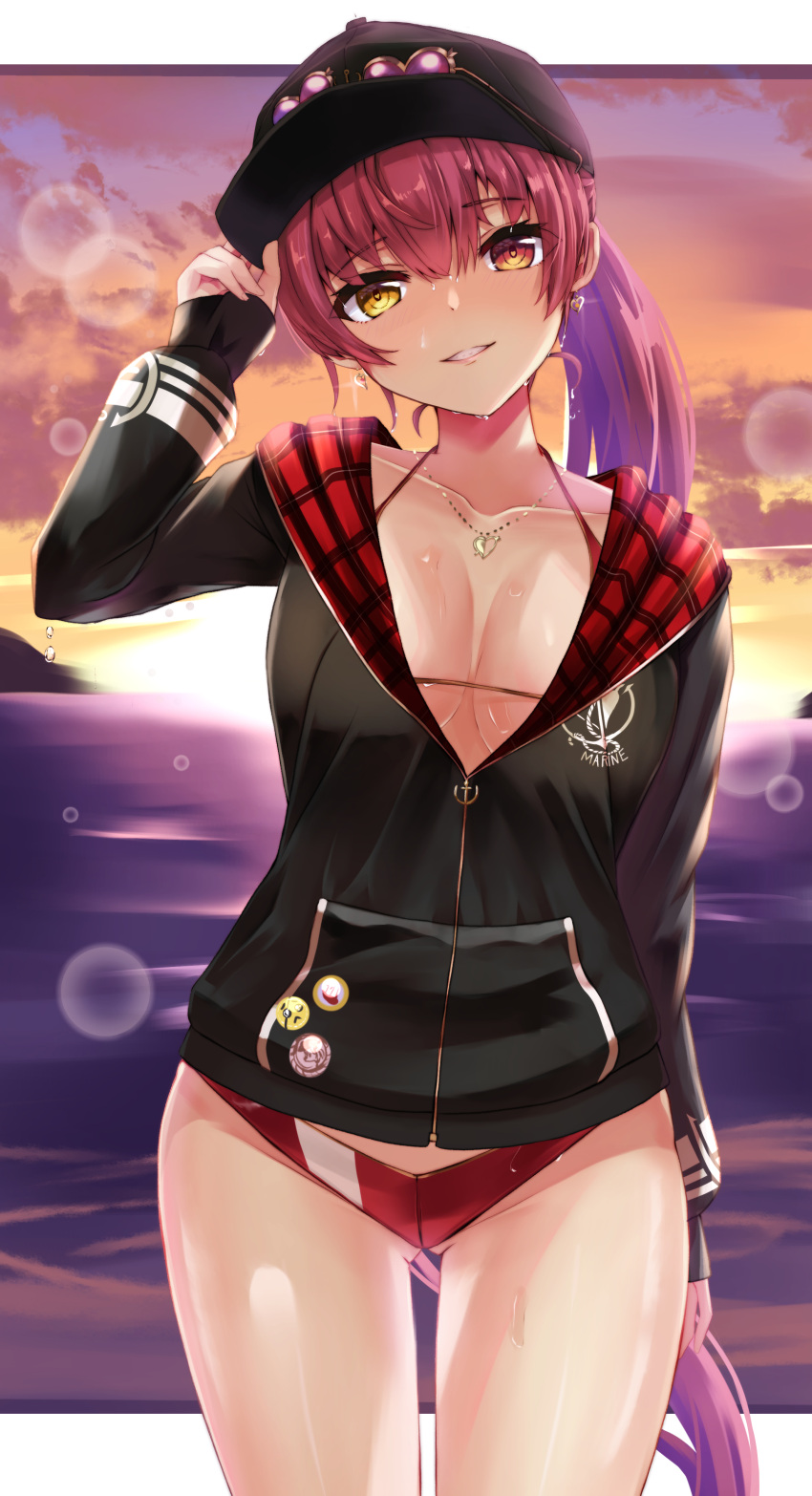 1girl absurdres adjusting_clothes adjusting_headwear ass_visible_through_thighs baseball_cap bikini bikini_under_clothes black_headwear black_jacket blush breasts earrings halter_top halterneck hat heart heart-shaped_eyewear heart_earrings heart_necklace heterochromia highres hololive hood hooded_jacket houshou_marine jacket jewelry large_breasts lens_flare li_zhu long_hair long_sleeves looking_at_viewer ocean parted_lips partially_unzipped ponytail red_bikini red_eyes redhead smile solo string_bikini sunglasses sunset swimsuit very_long_hair virtual_youtuber yellow_eyes