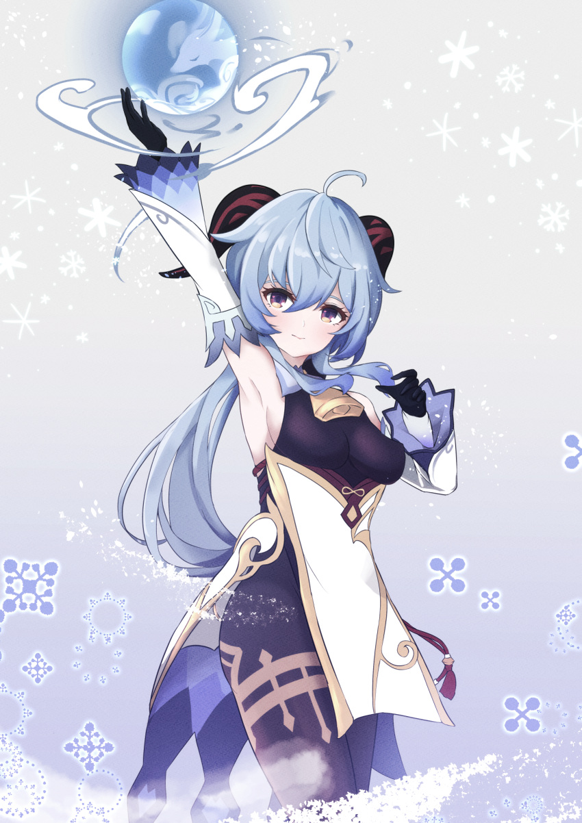 ahoge arm_up armpits bangs bell black_gloves blue_hair breasts chinese_knot detached_sleeves ganyu_(genshin_impact) genshin_impact gloves gold_trim highres horns long_hair looking_at_viewer medium_breasts neck_bell orb peru_(pe_ru_5) snowflakes solo standing thighlet violet_eyes white_sleeves