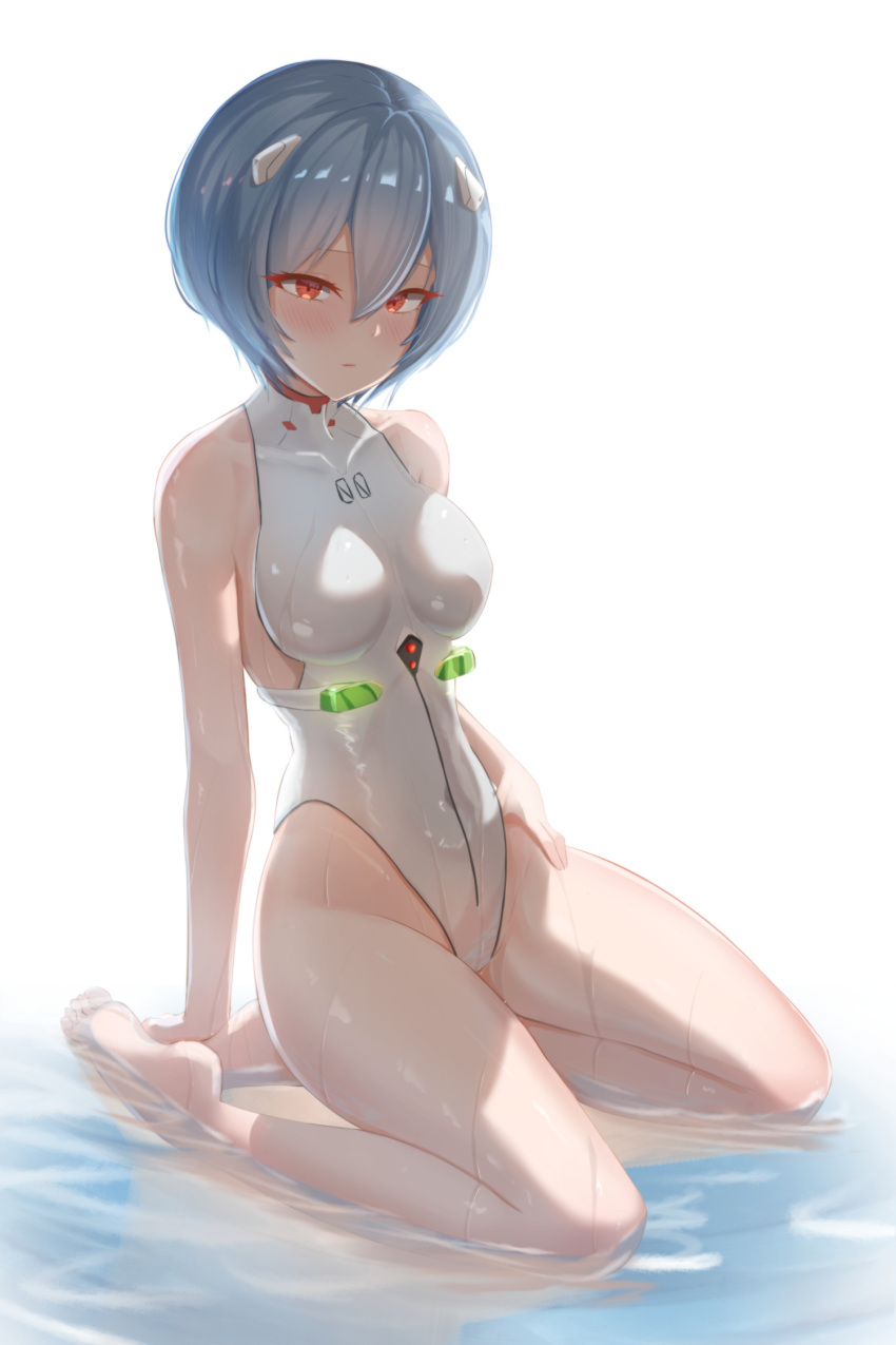1girl adapted_costume ayanami_rei bare_arms bare_legs bare_shoulders barefoot blue_hair breasts can_zhu closed_mouth collarbone competition_swimsuit covered_navel expressionless full_body hair_ornament highleg highleg_swimsuit highres kneeling looking_at_viewer medium_breasts neon_genesis_evangelion one-piece_swimsuit red_eyes reflection reflective_water shallow_water short_hair simple_background solo swimsuit water white_background white_swimsuit