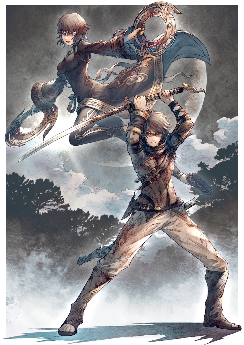 1boy 1girl belt boots breasts brown_hair chakram clouds cloudy_sky commentary_request dancer_(final_fantasy) dress dual_wielding eye_mask facial_tattoo final_fantasy final_fantasy_xiv highres holding holding_sword holding_weapon katana leggings lipstick long_sleeves looking_at_viewer makeup mask moon nail_polish night night_sky outdoors samurai_(final_fantasy) sheath short_hair shoulder_belt shukei sky slippers sunglasses sword tattoo toeless_footwear tree weapon wide_sleeves