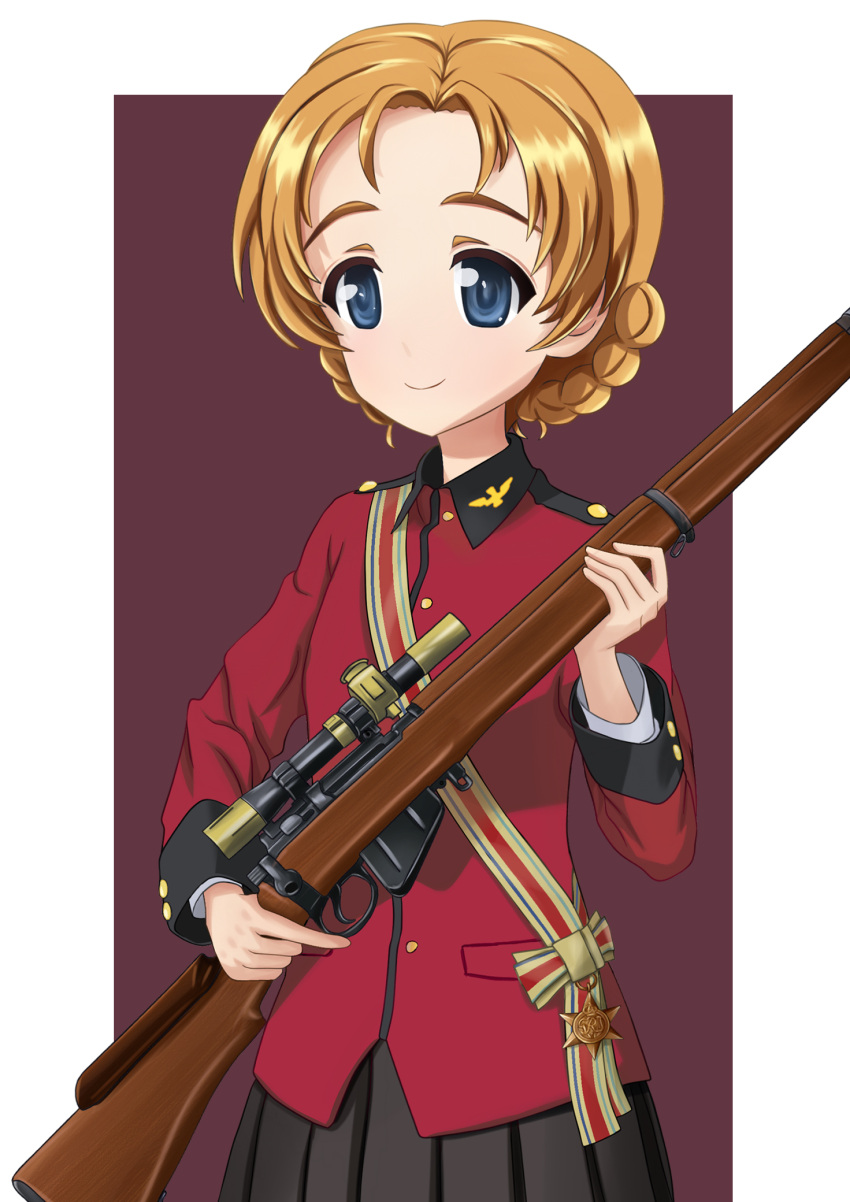 1girl bangs black_skirt blue_eyes braid chinese_commentary closed_mouth commentary epaulettes girls_und_panzer guan_1005 gun highres holding holding_gun holding_weapon jacket lee-enfield long_sleeves looking_at_viewer military military_uniform orange_hair orange_pekoe_(girls_und_panzer) parted_bangs pleated_skirt red_jacket rifle sash scope short_hair skirt smile solo st._gloriana's_military_uniform standing tied_hair twin_braids uniform weapon