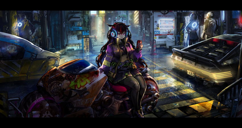 2boys 2girls absurdres alternate_costume alternate_universe belt black_skirt blue_belt blue_skirt breasts car cyberpunk ground_vehicle headphones helmet highres holding holding_phone hololive hololive_english horns irys_(hololive) jacket looking_down looking_to_the_side medium_breasts midriff motor_vehicle motorcycle multiple_boys multiple_girls multiple_horns navel night phone purple_jacket science_fiction sitting skirt solo_focus tail_lights thick_thighs thighs vending_machine violet_eyes virtual_youtuber vyragami