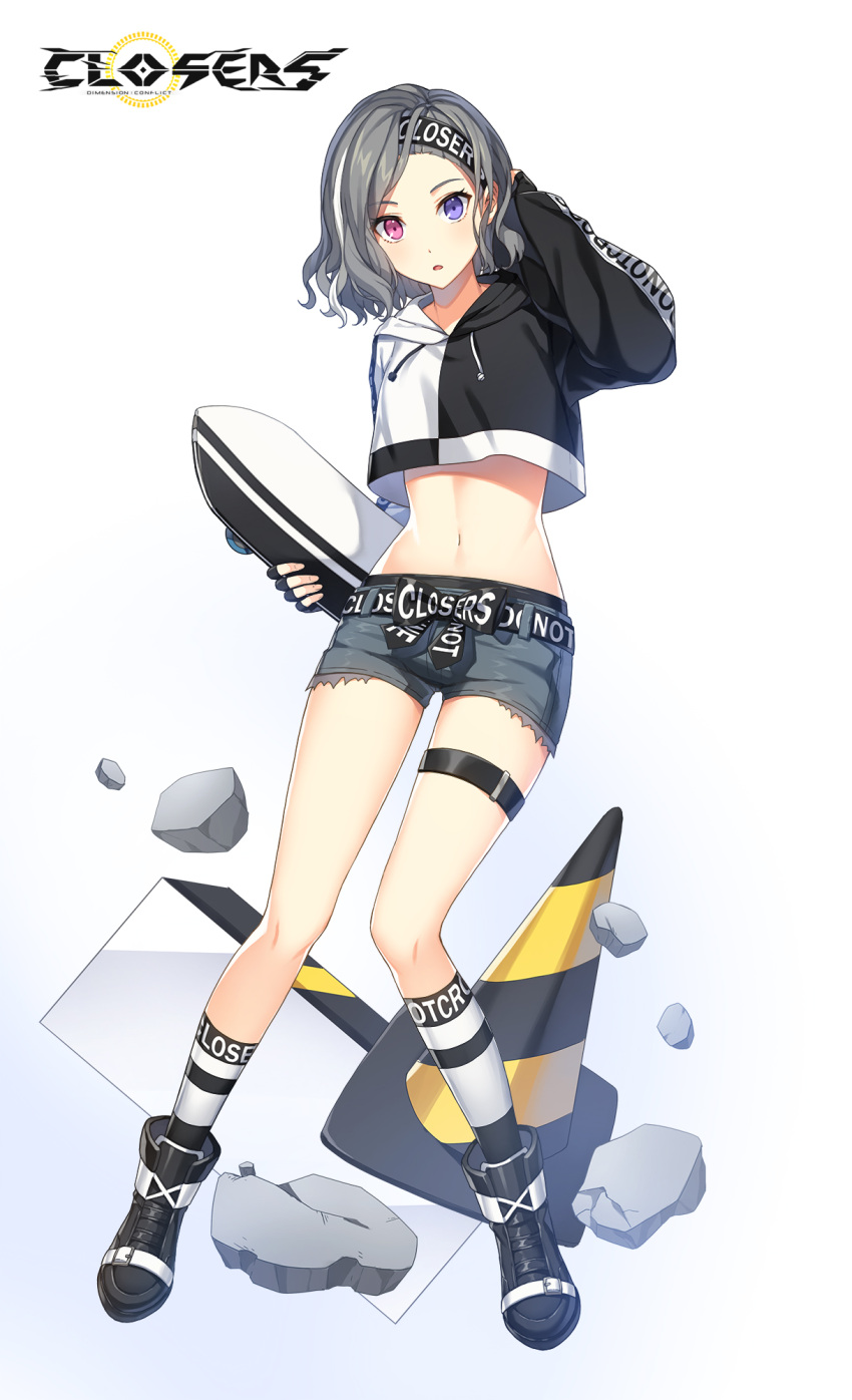 1girl arm_up bai_winchester belt black_footwear boots closers crop_top crop_top_overhang cutoffs drawstring fingerless_gloves gloves grey_hair grey_shorts hairband heterochromia highres holding hood hood_down long_sleeves looking_at_viewer midriff multicolored_hair navel official_art open_mouth parted_lips pink_eyes rock shirt short_hair short_shorts shorts skateboard socks solo stomach streaked_hair thigh_strap thighs traffic_cone two-tone_shirt violet_eyes