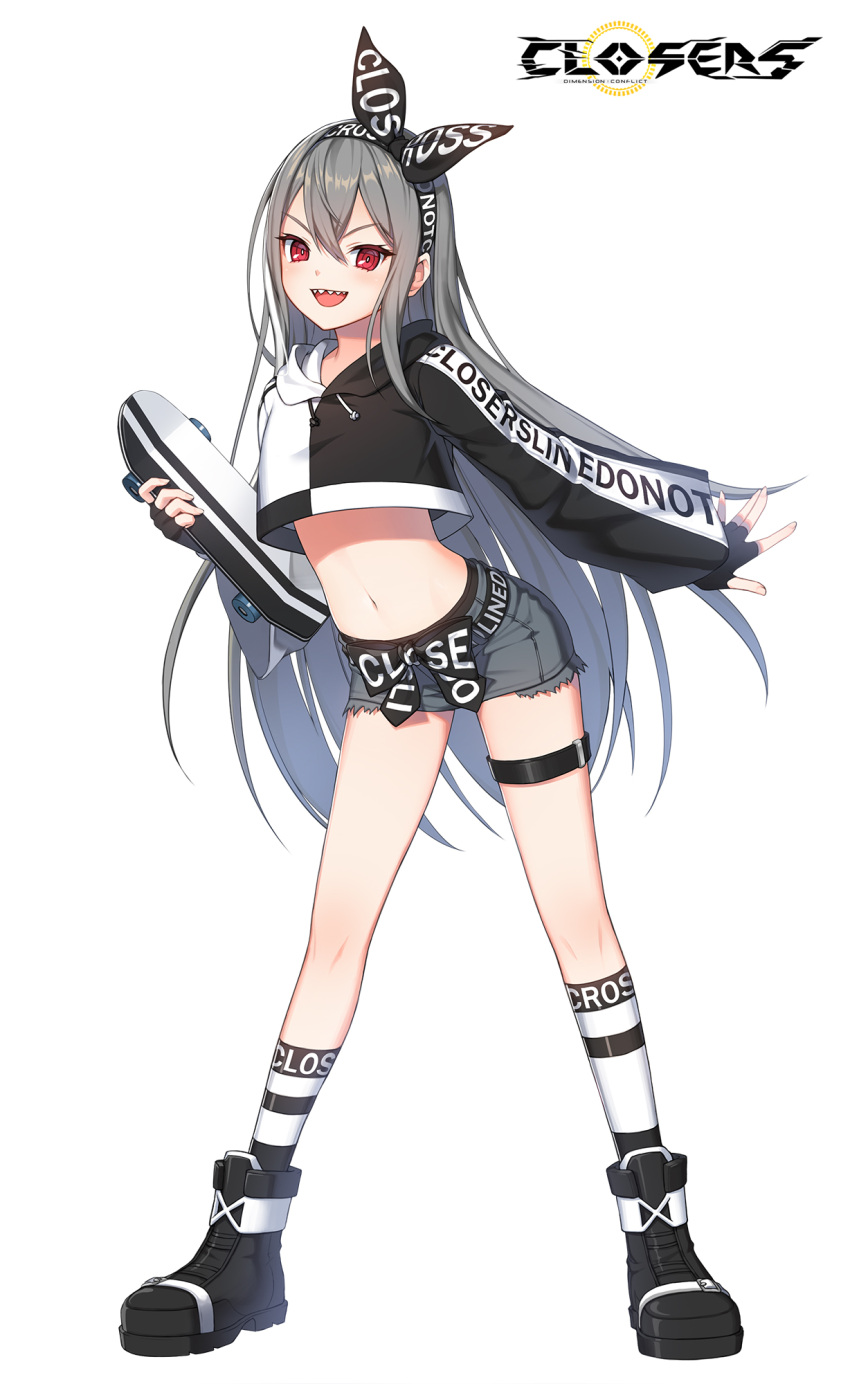 1girl :d belt black_footwear black_gloves boots closers crop_top crop_top_overhang cutoffs drawstring fingerless_gloves full_body gloves grey_hair grey_shorts hair_between_eyes hairband highres holding hood hood_down long_hair long_sleeves looking_at_viewer midriff navel official_art open_mouth outstretched_arm red_eyes seth_(closers) sharp_teeth shirt short_shorts shorts sidelocks skateboard smile socks solo standing stomach teeth thigh_strap thighs two-tone_shirt v-shaped_eyebrows very_long_hair