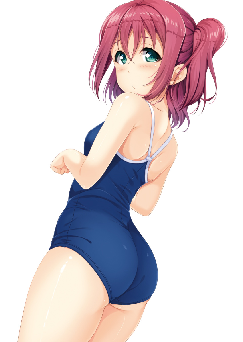 1girl aqua_eyes ass blue_swimsuit commentary_request competition_school_swimsuit cowboy_shot from_behind highres hino_minato_(spec.c) kurosawa_ruby looking_at_viewer love_live! love_live!_sunshine!! medium_hair redhead school_uniform simple_background solo standing swimsuit two_side_up white_background