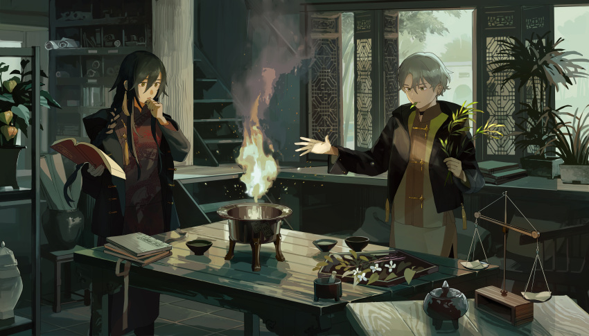 2boys absurdres black_hair book book_stack braid fire grey_hair hair_between_eyes hand_on_own_chin highres indoors jacket long_hair mouth_hold multiple_boys noasa open_book original paper pestle plant potted_plant scenery short_hair stairs standing table weighing_scale window