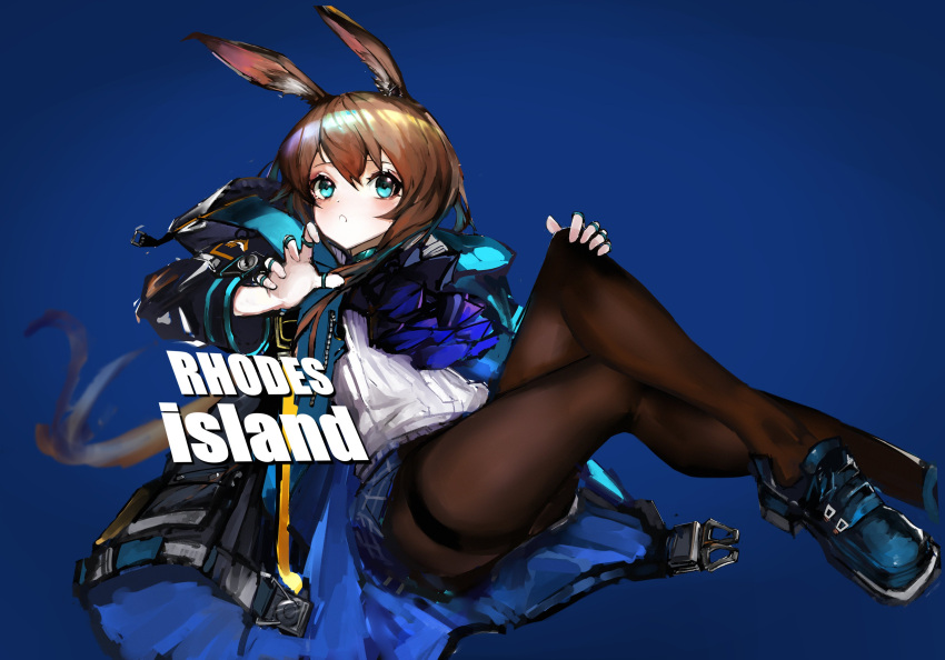 1girl :o absurdres amayouri amiya_(arknights) animal_ears arknights ascot black_jacket black_legwear blue_background blue_eyes blue_footwear blue_neckwear blue_skirt brown_hair commentary full_body hair_between_eyes highres jacket jewelry long_hair looking_at_viewer multiple_rings open_clothes open_jacket pantyhose plaid plaid_skirt rabbit_ears ring shirt shoes simple_background skirt solo symbol-only_commentary thigh_strap thighs thumb_ring white_shirt