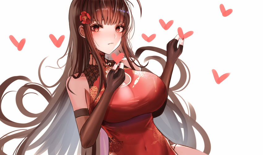 1girl absurdres black_gloves blush breasts brown_hair china_dress chinese_clothes closed_mouth covered_navel dress dsr-50_(girls'_frontline) elbow_gloves eyebrows_visible_through_hair flower ga_yeah girls_frontline gloves hair_flower hair_ornament hand_up heart heart_print highres large_breasts long_hair looking_at_viewer nail_polish partially_fingerless_gloves red_dress red_eyes red_nails solo upper_body white_background