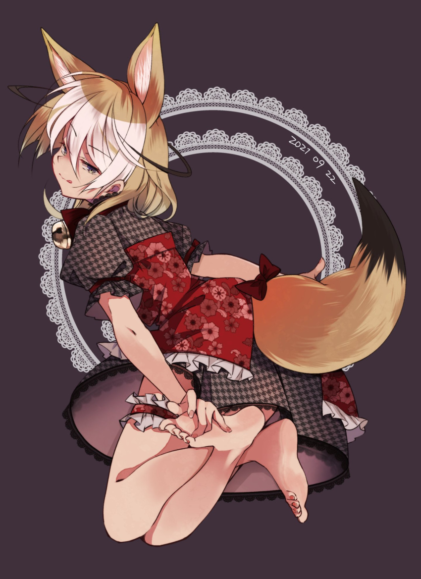 1girl alternate_costume animal_ears bare_legs barefoot bell black_dress blonde_hair blue_eyes bow bowtie commentary_request dress extra_ears eyebrows_visible_through_hair fennec_(kemono_friends) floral_print fox_ears fox_girl fox_tail frilled_dress frills highres kemono_friends looking_at_viewer multicolored_hair nanana_(nanana_iz) neck_bell plaid plaid_dress print_dress puffy_short_sleeves puffy_sleeves red_bow red_dress red_neckwear short_hair short_sleeves solo tail tail_bow tail_ornament thigh_strap two-tone_dress two-tone_hair white_hair