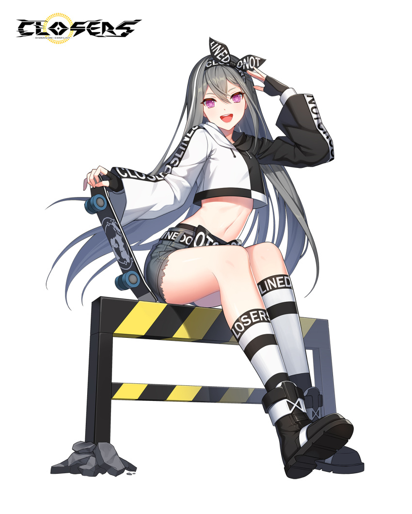 1girl :d arm_up belt black_gloves boots closers crop_top crop_top_overhang cutoffs drawstring fingerless_gloves gloves grey_hair grey_shorts hair_between_eyes hairband highres holding long_hair long_sleeves looking_at_viewer luna_aegis_(closers) midriff multicolored_hair navel official_art open_mouth salute shirt short_shorts shorts sitting skateboard smile socks solo stomach streaked_hair thighs two-tone_shirt very_long_hair violet_eyes white_legwear wide_sleeves