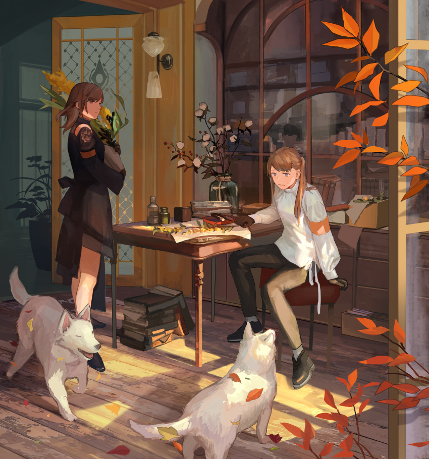 2girls absurdres armband autumn black_footwear black_gloves black_pants blue_eyes book book_stack braid cabinet chair dog flower gloves highres holding holding_flower huge_filesize indoors lamp long_hair long_sleeves multiple_girls noasa original pants plant potted_plant scenery sitting table twintails wooden_floor