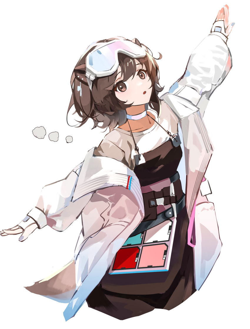 1girl :o absurdres animal_ears apron arknights arms_up bangs black_apron brown_eyes brown_hair choker coat commentary_request cropped_legs goggles goggles_on_head grey_nails highres long_sleeves nail_polish open_clothes open_coat open_mouth otter_ears otter_girl otter_tail outstretched_arms qianzhaojihuajipao roberta_(arknights) shirt short_hair simple_background solo t-pose tail white_background white_choker white_coat white_shirt