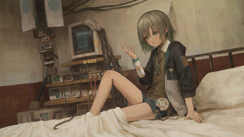 1girl asatsugutori bandaged_wrist bed bed_sheet blush cable cardigan collared_shirt dog_tags game_cg gradient_hair green_hair grey_eyes grey_hair hibari_(asatsugutori) indoors jacket looking_at_hand machinery monitor multicolored_hair official_art on_bed open_clothes open_jacket parted_lips pillow shion_(mirudakemann) shirt short_hair short_shorts shorts sitting solo