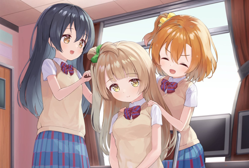 3girls bangs birthday blue_hair bow bowtie brushing_another's_hair closed_eyes commentary_request eichisu hair_between_eyes hair_brushing kousaka_honoka long_hair looking_at_another love_live! love_live!_school_idol_project minami_kotori multiple_girls one_side_up open_mouth orange_hair otonokizaka_school_uniform red_neckwear school_uniform shirt sitting sonoda_umi standing striped striped_neckwear sweater_vest swept_bangs white_shirt yellow_eyes