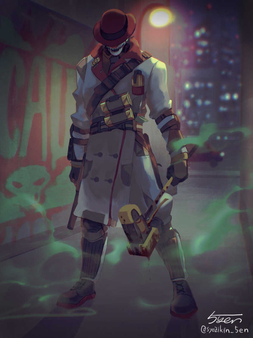 1boy 5-en alley apex_legends black_footwear black_gloves blood blood_on_weapon blue_neckwear blurry blurry_background caustic_(apex_legends) clown_mask collared_shirt covered_eyes dripping facing_down fedora gas gas_mask gloves grey_shirt hammer hat highres holding holding_hammer jacket killing_joke_caustic male_focus mask necktie red_headwear shirt solo weapon white_jacket