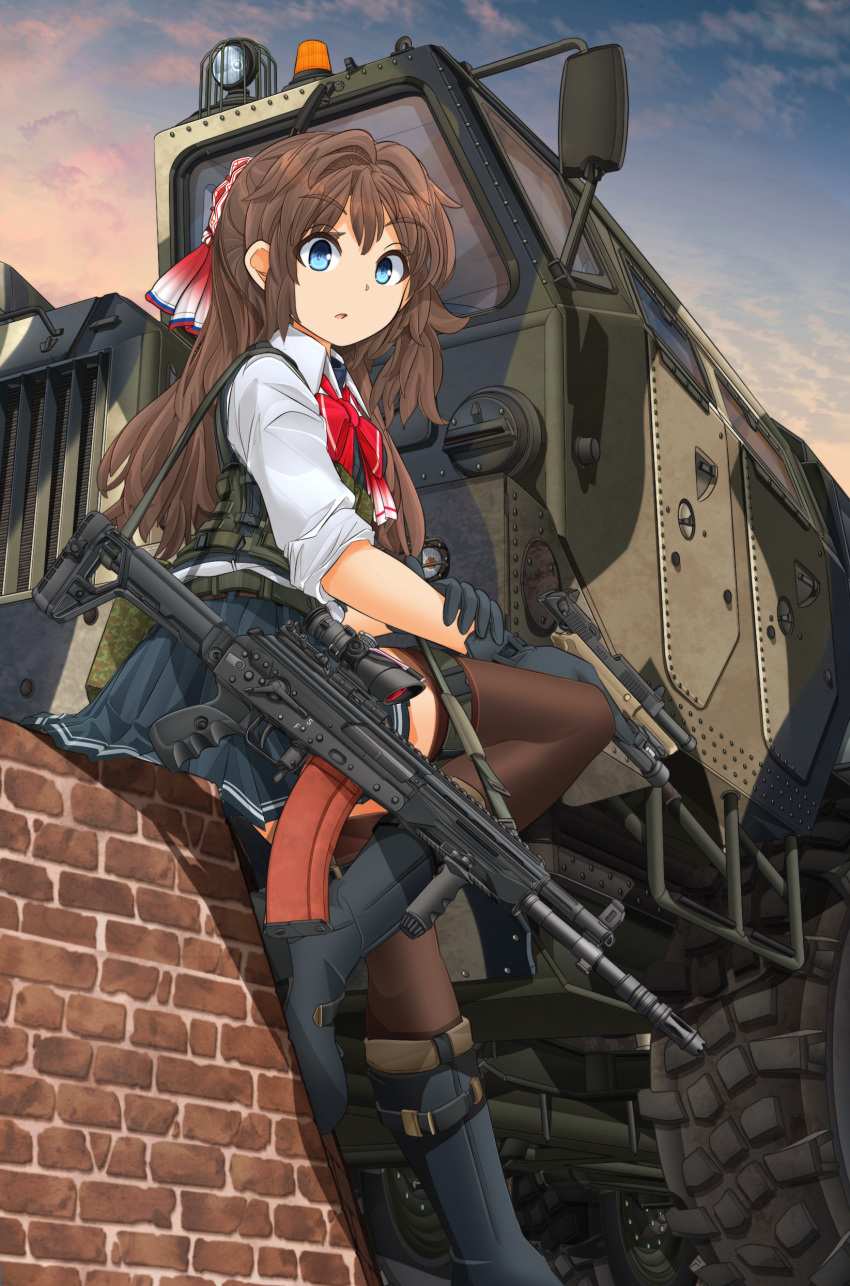 1girl :o absurdres assault_rifle bangs black_footwear black_gloves blue_eyes blue_skirt blue_sky body_armor boots bow bowtie brick_wall brown_hair brown_legwear camouflage carrying commentary_request dress_shirt eyebrows_visible_through_hair gloves gun hair_ribbon hand_on_own_arm handgun highres holding holding_gun holding_weapon knee_up long_hair looking_at_viewer maz-543 mikeran_(mikelan) military miniskirt original outdoors pantyhose parted_lips pink_sky pleated_skirt red_neckwear red_ribbon ribbon rifle school_uniform scope shadow shirt sitting skirt sky sleeves_rolled_up solo twilight weapon weapon_on_back white_shirt