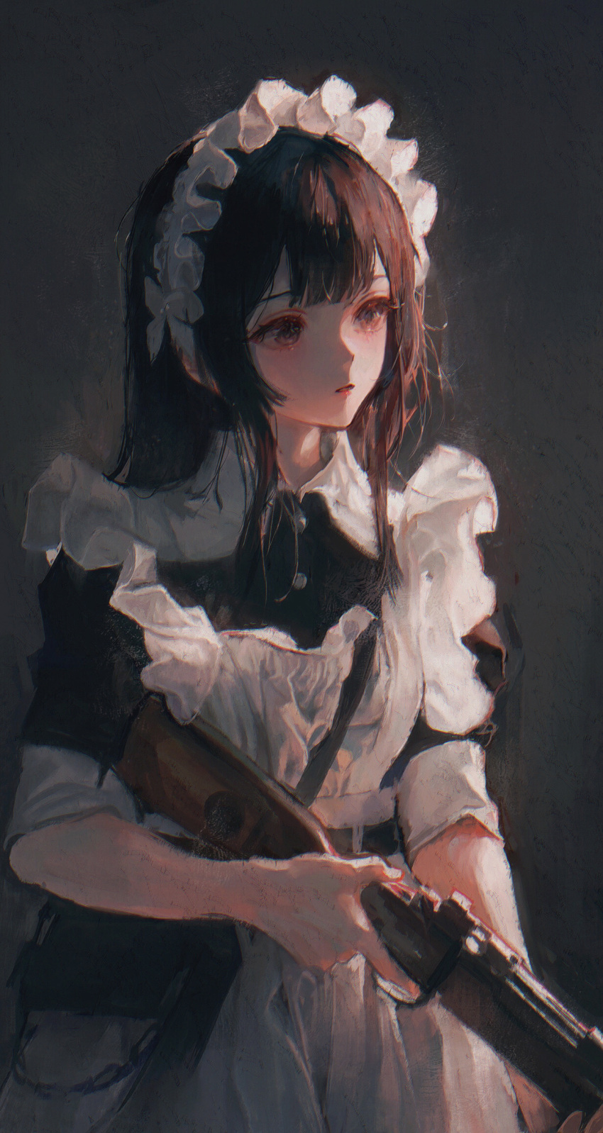 1girl apron black_dress blush brown_eyes brown_hair dark_background dress gun highres holding holding_gun holding_weapon light long_hair looking_away looking_to_the_side maccha_(mochancc) maid maid_headdress original short_sleeves shotgun solo weapon white_apron