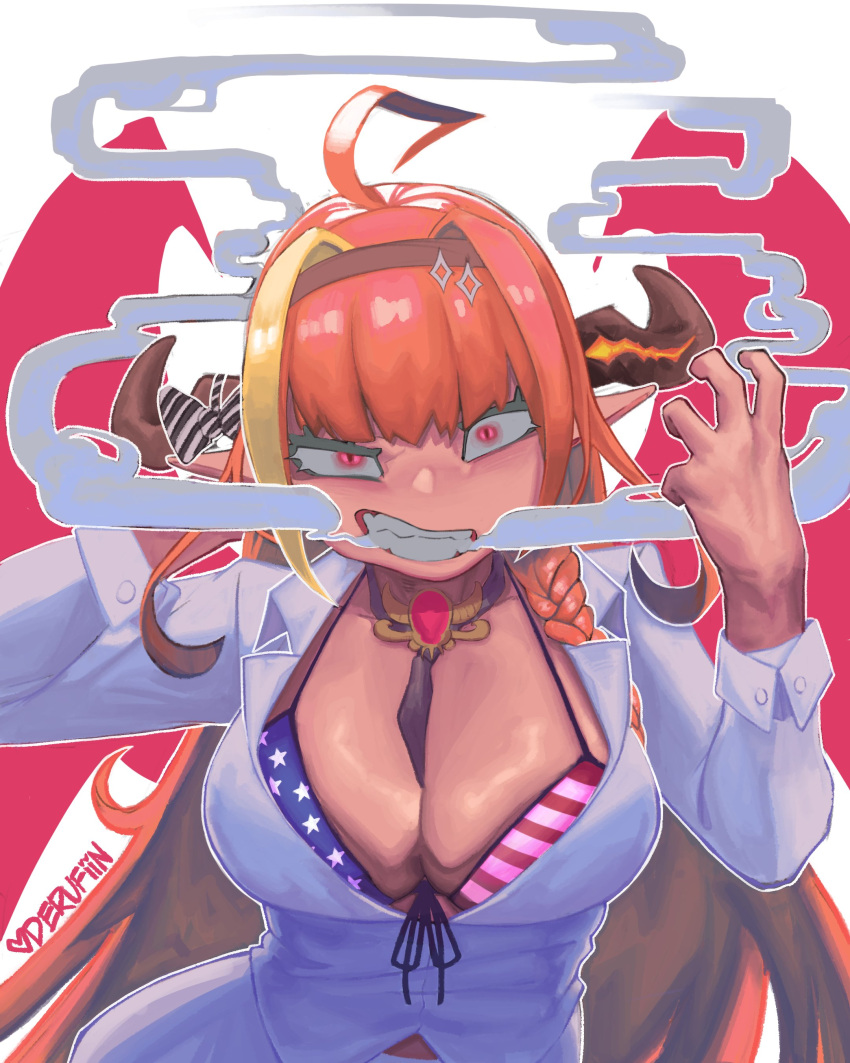 1girl absurdres ahoge american_flag_bikini artist_name between_breasts bikini breasts commentary dragon_horns english_commentary flag_print highres hololive horns kiryu_coco long_hair necktie necktie_between_breasts orange_hair outline sadak0 swimsuit virtual_youtuber white_outline