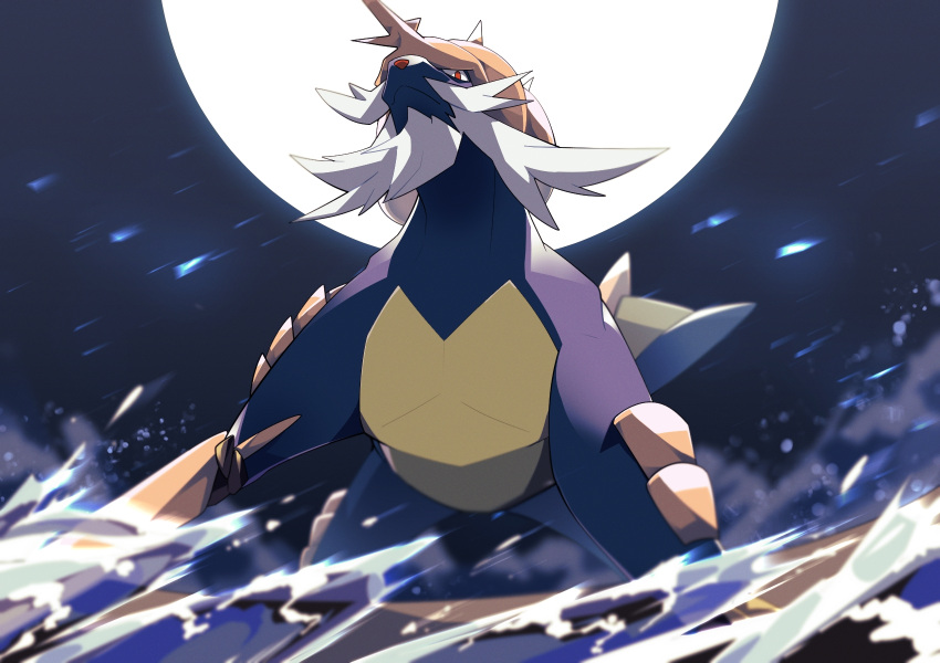 :&lt; blurry closed_mouth commentary_request from_below highres kura_(shironagasu02) no_humans pokemon pokemon_(creature) red_eyes samurott solo standing water