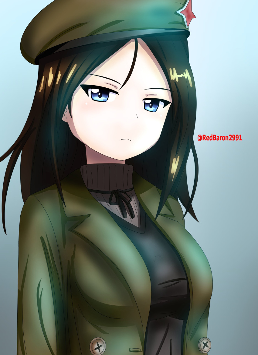 1girl absurdres bangs beret black_hair black_neckwear black_sweater blazer blue_eyes casual closed_mouth commentary frown girls_und_panzer green_headwear green_jacket grey_sweater half-closed_eyes hat highres insignia jacket long_hair looking_at_viewer neck_ribbon nonna_(girls_und_panzer) redbaron ribbon solo sweater swept_bangs turtleneck twitter_username upper_body v-neck