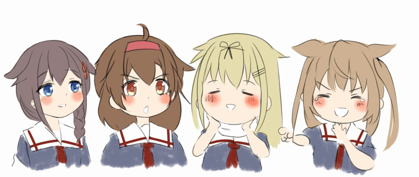 4girls ahoge black_hair black_serafuku blonde_hair blue_eyes blush braid brown_eyes brown_hair closed_eyes commentary_request hair_flaps hair_ornament hair_over_shoulder hairband hands_on_own_face highres kantai_collection light_brown_hair long_hair multiple_girls murasame_(kancolle) neckerchief nose_blush red_hairband red_neckwear remodel_(kantai_collection) sailor_collar sakurai_nana_(moshichi) scarf school_uniform serafuku shigure_(kancolle) shiratsuyu_(kancolle) short_hair simple_background single_braid twintails upper_body white_background white_sailor_collar white_scarf yuudachi_(kancolle)