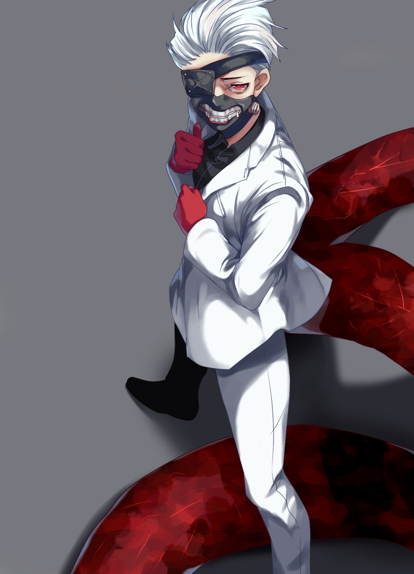 1boy bangs black_eyepatch black_shirt collared_shirt derivative_work eyepatch formal g4265059 gloves grey_background highres jacket kagune_(tokyo_ghoul) kaneki_ken legs_apart long_sleeves male_focus mask mouth_mask official_alternate_costume pants red_eyes red_gloves shirt short_hair simple_background solo standing teeth_print tentacles tokyo_ghoul tokyo_ghoul:re white_hair white_jacket white_pants