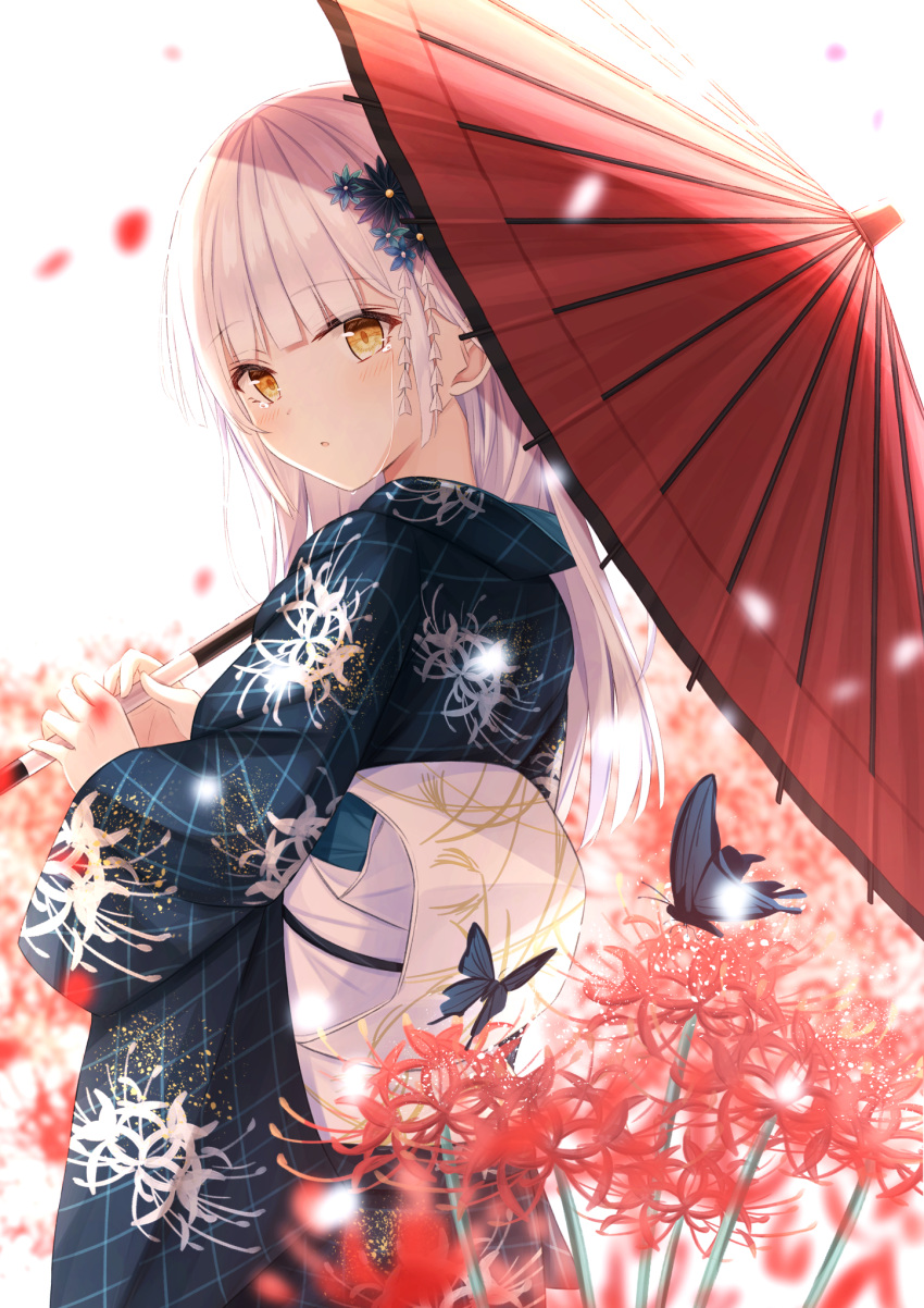 1girl bangs blue_kimono blurry blurry_background blush bug butterfly closed_mouth floral_print flower hair_flower hair_ornament highres holding holding_umbrella japanese_clothes kimono long_hair long_sleeves looking_at_viewer looking_back obi oil-paper_umbrella original parasol red_flower sash senri_(senri_sen) solo spider_lily standing umbrella white_background white_hair yellow_eyes