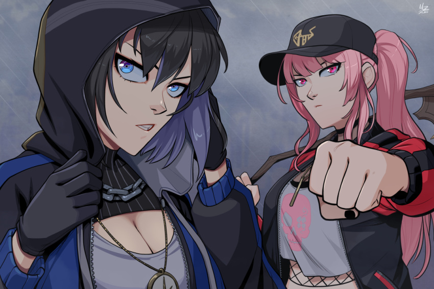 2girls adapted_costume baseball_cap black_nails blue_eyes blue_hair chain cleavage_cutout clothing_cutout crop_top fishnets gloves hair_intakes hat holding holding_scythe hololive hololive_english hood hooded_jacket jacket m._lee_lunsford mori_calliope multiple_girls ouro_kronii pink_hair ponytail red_eyes scythe short_hair skull_print virtual_youtuber
