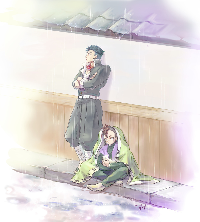 2boys absurdres animal bead_necklace beads belt black_hair black_pants blank_eyes cat crossed_arms green_happi happi highres himejima_gyoumei holding holding_animal holding_cat japanese_clothes jewelry kimetsu_no_yaiba multiple_boys necklace pants rain red_neckwear s-kumikyoku sandals scar scar_on_cheek scar_on_face scar_on_forehead shinazugawa_genya sitting standing white_belt white_cat