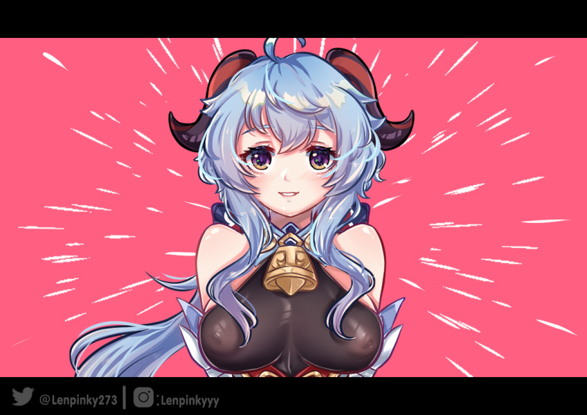 1girl ahoge bangs bell black_bodysuit black_border blue_hair bodysuit border breasts brown_eyes close-up commentary_request covered_nipples detached_sleeves eyebrows_visible_through_hair ganyu_(genshin_impact) genshin_impact horns large_breasts lenpinky long_hair looking_at_viewer neck_bell parted_lips red_background sidelocks simple_background smile solo v_arms