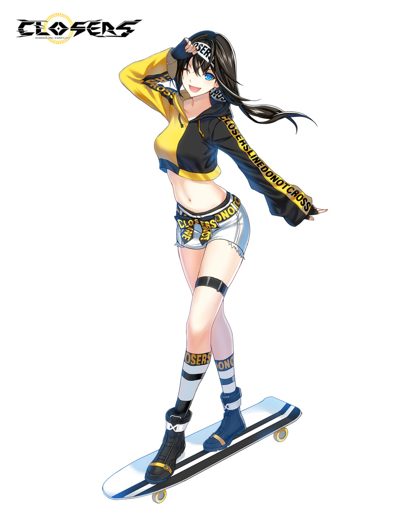 1girl ;d arm_up belt black_footwear black_gloves black_hair blue_eyes boots breasts closers crop_top crop_top_overhang cutoffs drawstring fingerless_gloves gloves headband highres hood hood_down long_hair long_sleeves looking_at_viewer medium_breasts midriff navel official_art one_eye_closed open_mouth shirt short_shorts shorts skateboard skateboarding smile socks solo stomach thigh_strap thighs two-tone_shirt v-shaped_eyebrows white_shorts yuri_seo