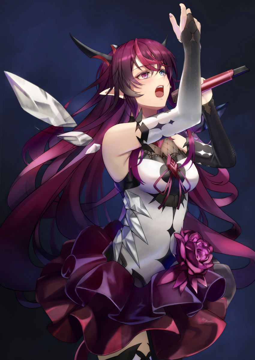 1girl absurdres arm_up bangs blue_eyes breasts crystal detached_sleeves flower halter_top halterneck heterochromia highres holding holding_microphone hololive hololive_english horns irys_(hololive) microphone music open_hand pointy_ears purple_flower purple_hair purple_skirt shakkiyi singing skirt small_breasts solo violet_eyes virtual_youtuber wings