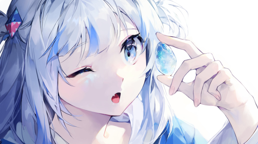 1girl :o bangs blue_eyes blue_hair chap_sal_! crystal eyebrows_visible_through_hair fang gawr_gura highres holding hololive hololive_english multicolored_hair one_eye_closed open_mouth pink_nails portrait silver_hair solo streaked_hair two_side_up virtual_youtuber white_background