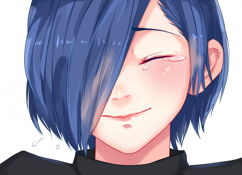 1girl bangs black_shirt blue_hair close-up closed_eyes closed_mouth derivative_work face facing_viewer g4265059 hair_over_one_eye kirishima_touka portrait shiny shiny_hair shiny_skin shirt short_hair simple_background smile solo tearing_up tears tokyo_ghoul white_background