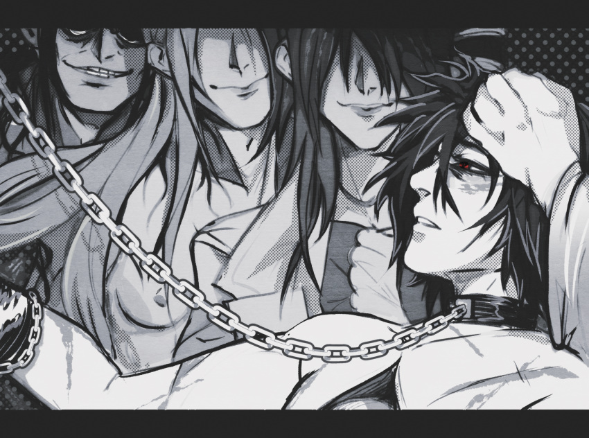 black_hair chain collar dirge_of_cerberus_final_fantasy_vii final_fantasy final_fantasy_vii glasses greyscale highres hojo_tokiyuki_(ff) inferno labcoat long_hair lucrecia_crescent monochrome red_eyes scar sephiroth short_hair topless_male vincent_valentine