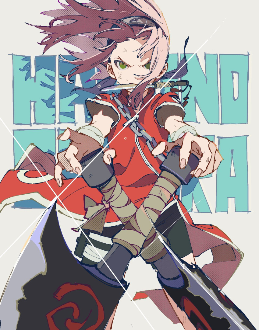 1girl axe bangs black_shorts bruise bruise_on_face chain character_name dress forehead_protector green_eyes grey_background haruno_sakura highres holding holding_axe holding_knife holding_weapon injury knife looking_at_viewer magotsuki_(hurray) medium_hair naruto naruto_(series) pink_hair red_dress serious short_sleeves shorts solo weapon