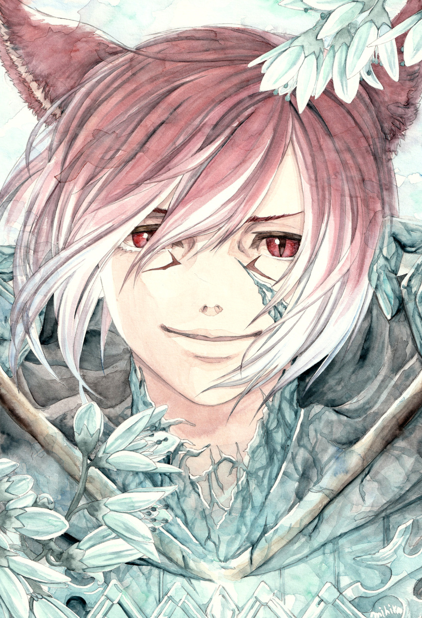 1boy absurdres animal_ears cat_ears close-up crystal crystal_exarch face final_fantasy final_fantasy_xiv flower g'raha_tia hair_between_eyes highres looking_at_viewer male_focus mihira_(tainosugatayaki) miqo'te portrait red_eyes redhead short_hair smile solo traditional_media