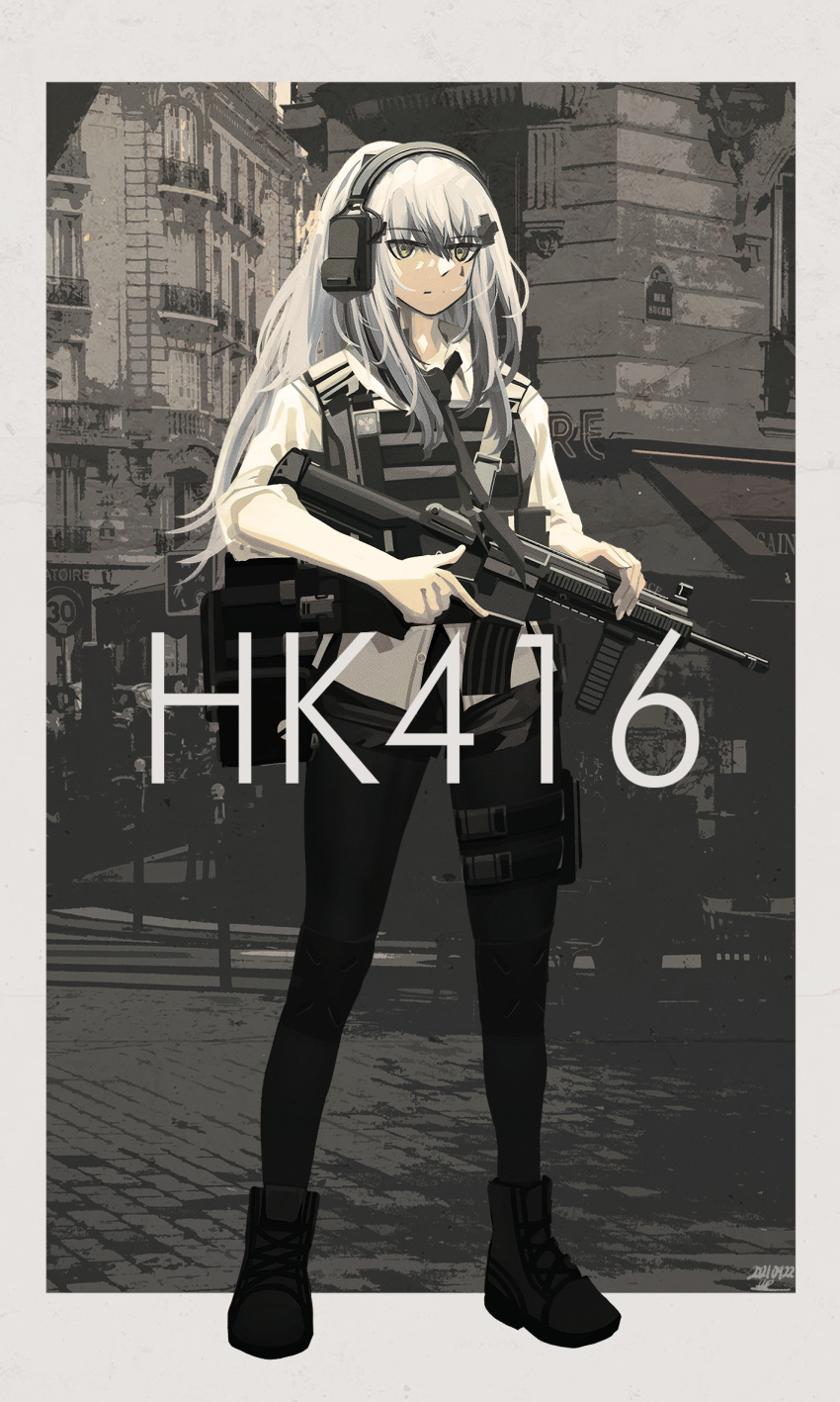 1girl alternate_costume assault_rifle bangs black_footwear black_legwear black_neckwear black_shorts boots character_name closed_mouth eyebrows_visible_through_hair facial_mark girls_frontline green_eyes gun h&amp;k_hk416 hair_between_eyes hair_ornament headphones highres hk416_(girls'_frontline) holding holding_gun holding_weapon kanoe_(kanoe502) long_hair necktie pantyhose rifle shirt shorts solo standing teardrop vest weapon white_hair white_shirt