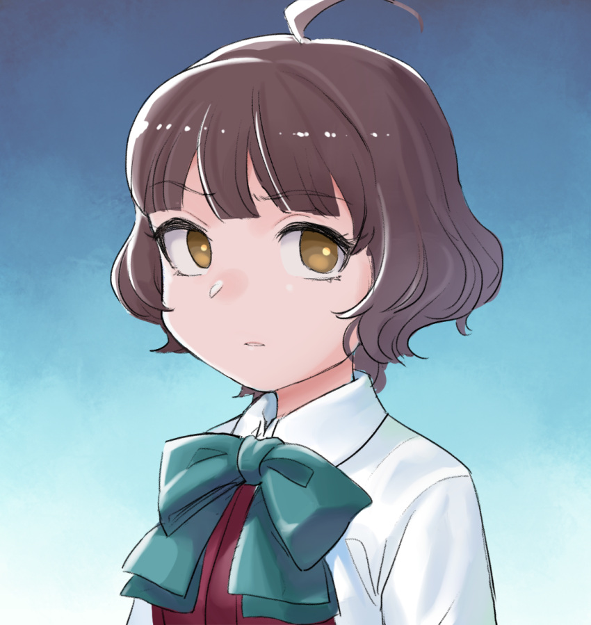 1girl ahoge bangs blue_background blue_neckwear blunt_bangs bow bowtie brown_hair commentary_request dress eyebrows_visible_through_hair gradient gradient_background highres kantai_collection kishinami_(kancolle) mizuki_kyou no_pupils parted_lips portrait purple_dress shirt simple_background solo white_shirt
