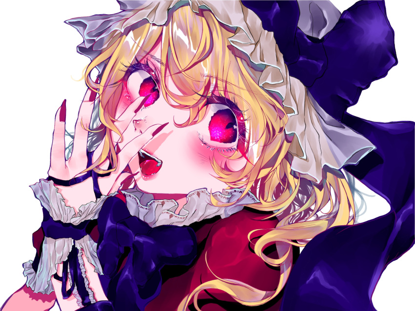 1girl :d adapted_costume alternate_costume bangs blonde_hair blush bow bowtie commentary_request dress eyebrows_visible_through_hair flandre_scarlet frills hair_between_eyes hand_up hat hat_bow highres looking_at_viewer mob_cap nail_polish one_side_up open_mouth purple_bow purple_neckwear purple_ribbon red_dress red_eyes red_nails ribbon short_hair simple_background smile solo touhou upper_body white_background white_headwear wrist_cuffs yuki_abeno