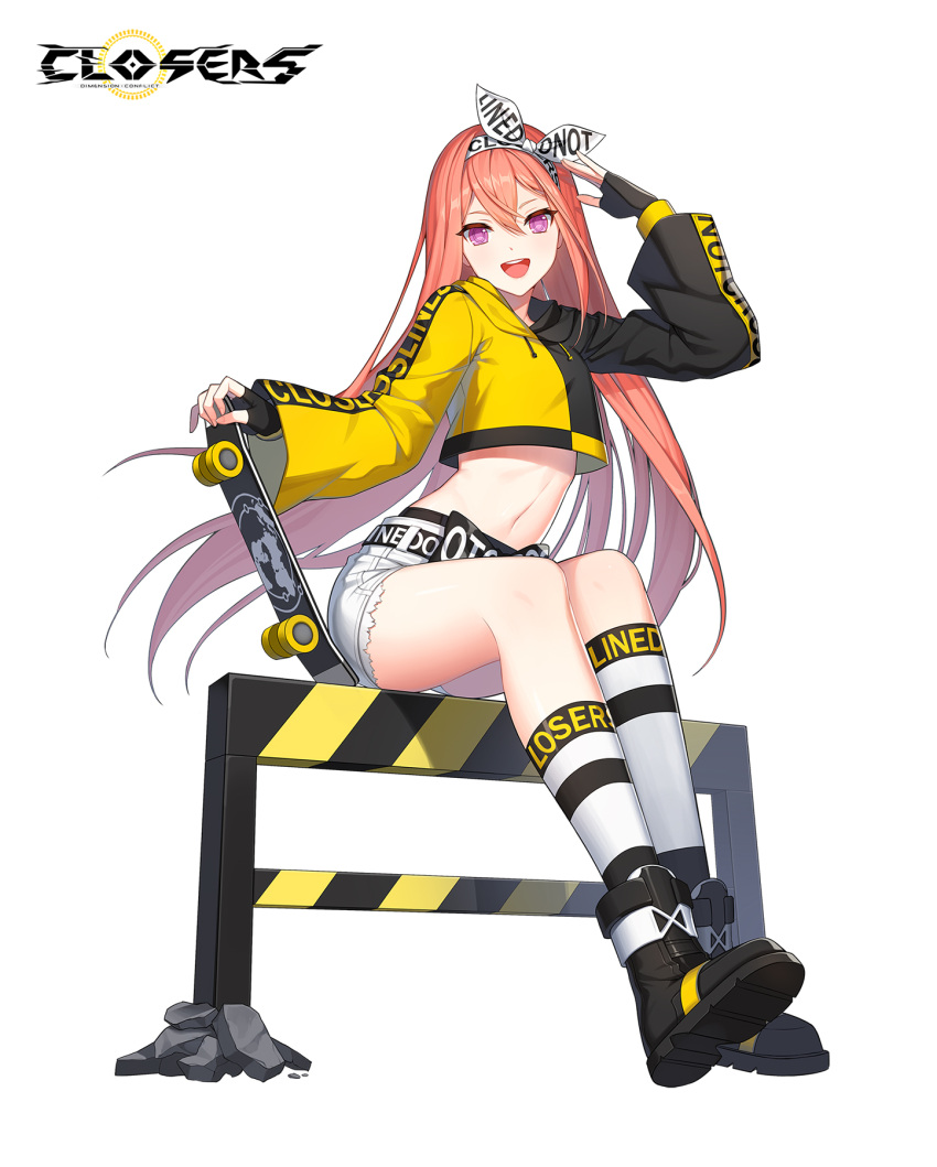 1girl :d arm_up belt black_gloves boots closers crop_top crop_top_overhang cutoffs drawstring fingerless_gloves gloves hair_between_eyes hairband highres holding long_hair long_sleeves looking_at_viewer luna_aegis_(closers) midriff navel official_art open_mouth pink_hair salute shirt short_shorts shorts sitting skateboard smile socks solo stomach thighs two-tone_shirt very_long_hair violet_eyes white_legwear white_shorts wide_sleeves