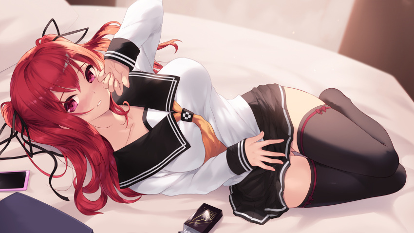 1girl black_legwear black_ribbon black_sailor_collar black_skirt breasts brown_neckwear cait_aron cellphone commentary_request full_body hair_ribbon hand_up highres long_hair long_sleeves looking_at_viewer medium_breasts naruse_mio no_shoes on_bed phone pillow pleated_skirt redhead ribbon sailor_collar shinmai_maou_no_testament shirt skirt sleeves_past_wrists solo thigh-highs two_side_up violet_eyes white_shirt